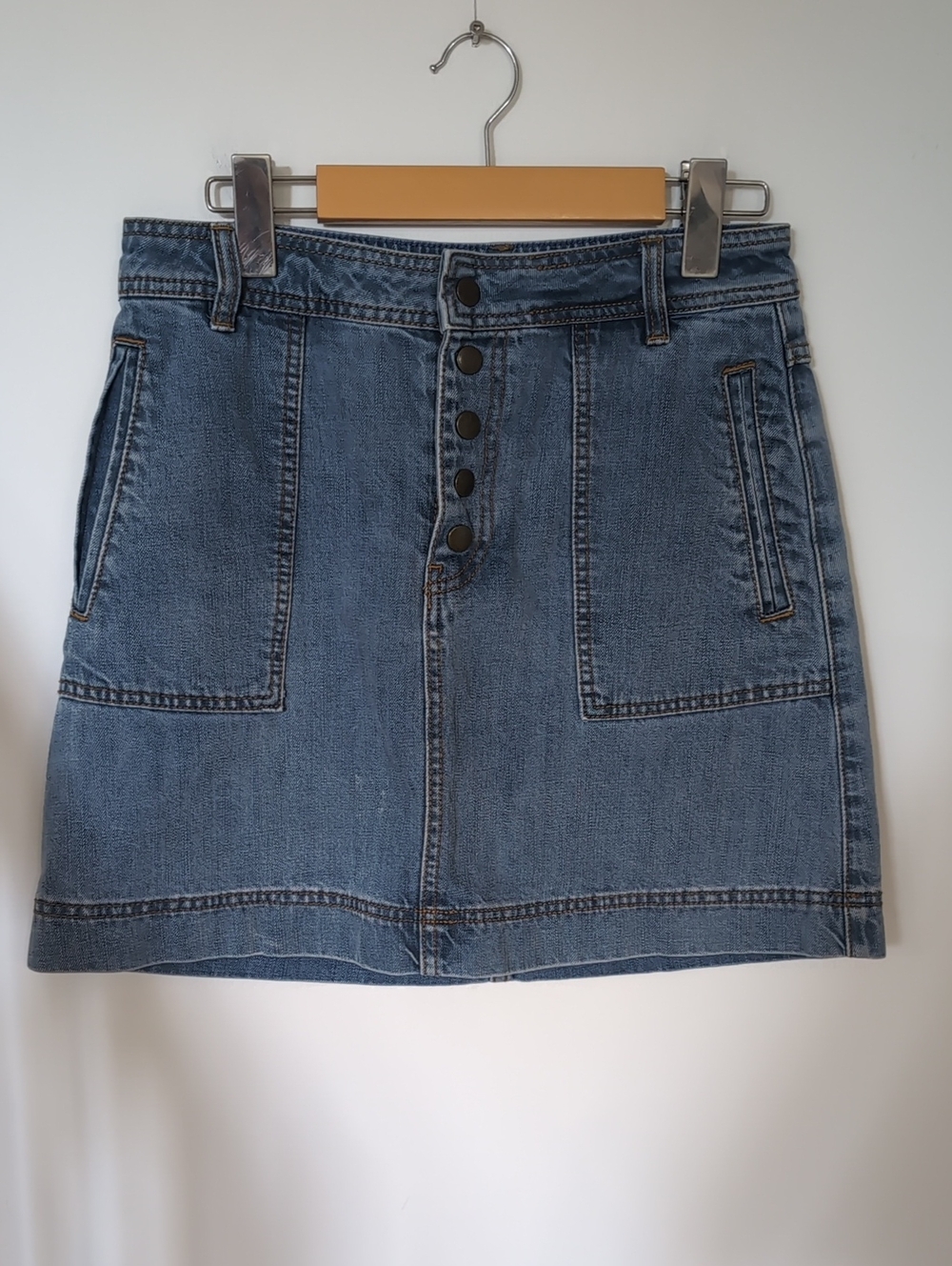 FREE PEOPE | Women's Light/Med Acid Wash A-Line Button Fly Jean Mini Skirt